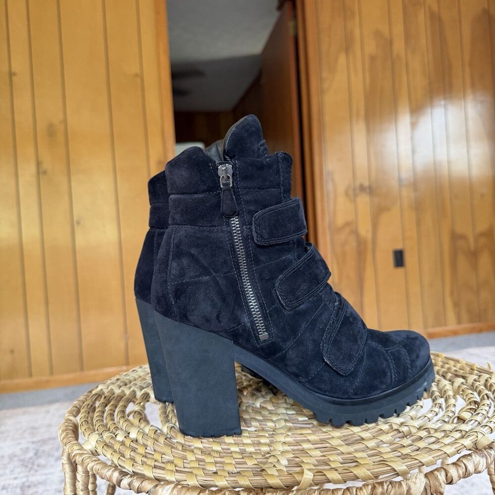 Vintage Prada Moto Boots Black Suede Buckle Strap Lug Sole Women Eu 40.5 - Picture 5 of 16